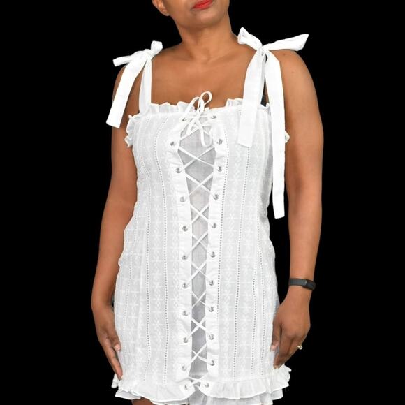 White Corset Dress Lace Up Bodice Mini Ruffle Cotton Embroidery Lace Size Medium - Picture 8 of 14